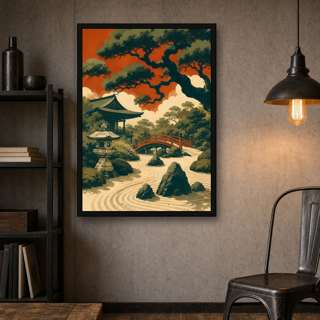 Ocean Temple Sunset Japanese Retro Poster Print - A room mockup