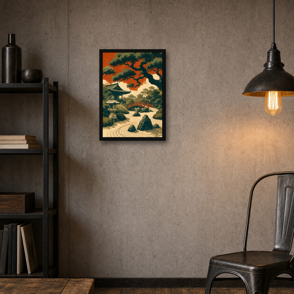 Ocean Temple Sunset Japanese Retro Poster Print - A room mockup