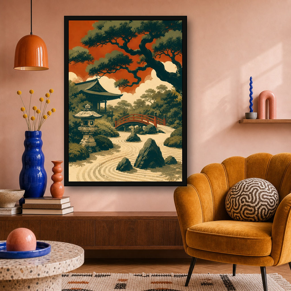 Ocean Temple Sunset Japanese Retro Poster Print - A room mockup