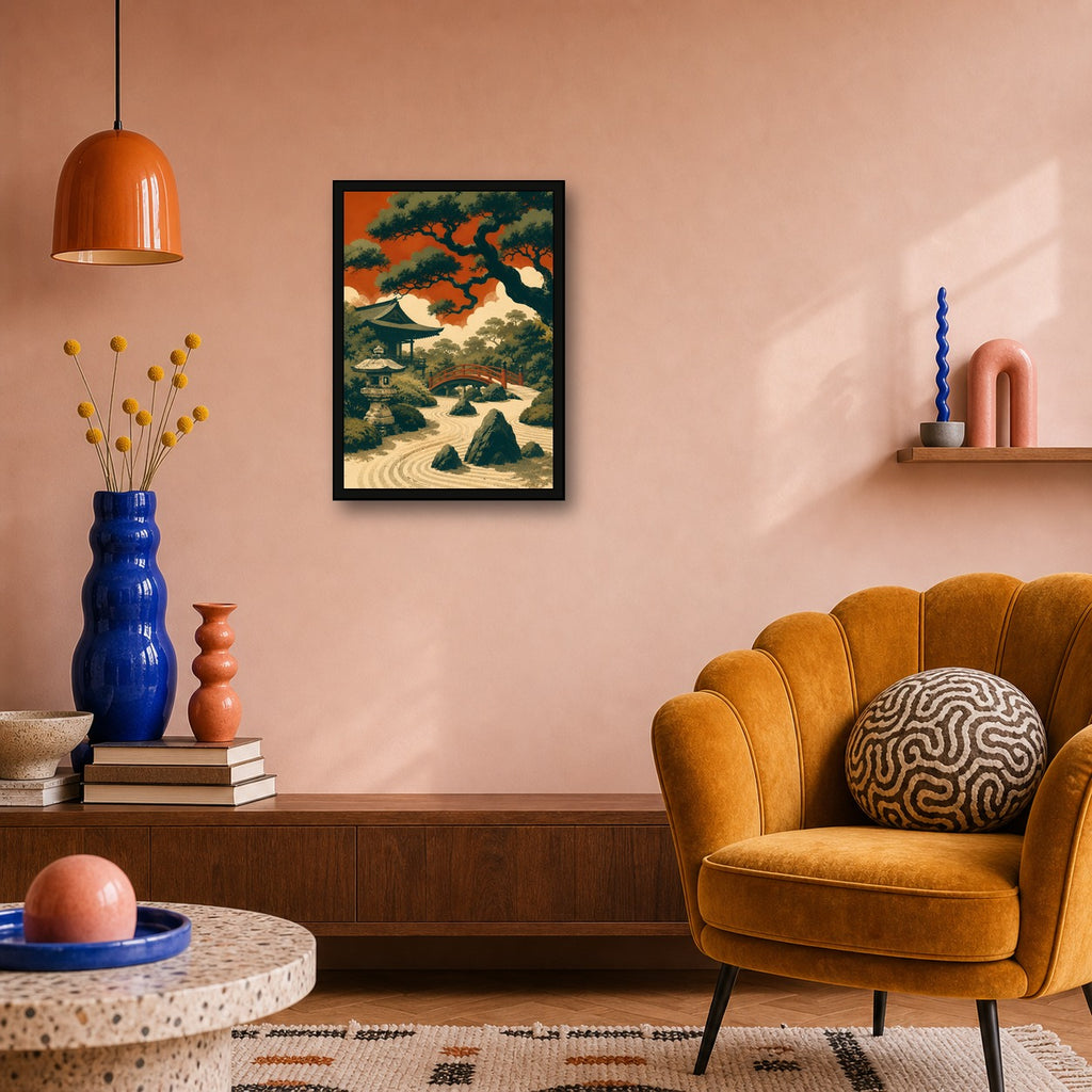 Ocean Temple Sunset Japanese Retro Poster Print - A room mockup