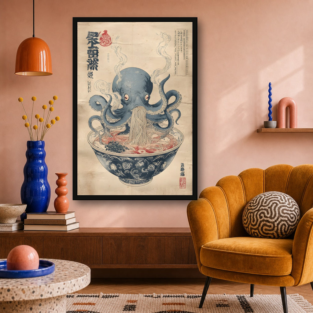 Octopus Ramen Poster, Japanese Food Wall Art, Kitchen Print - 2x3 room mockup