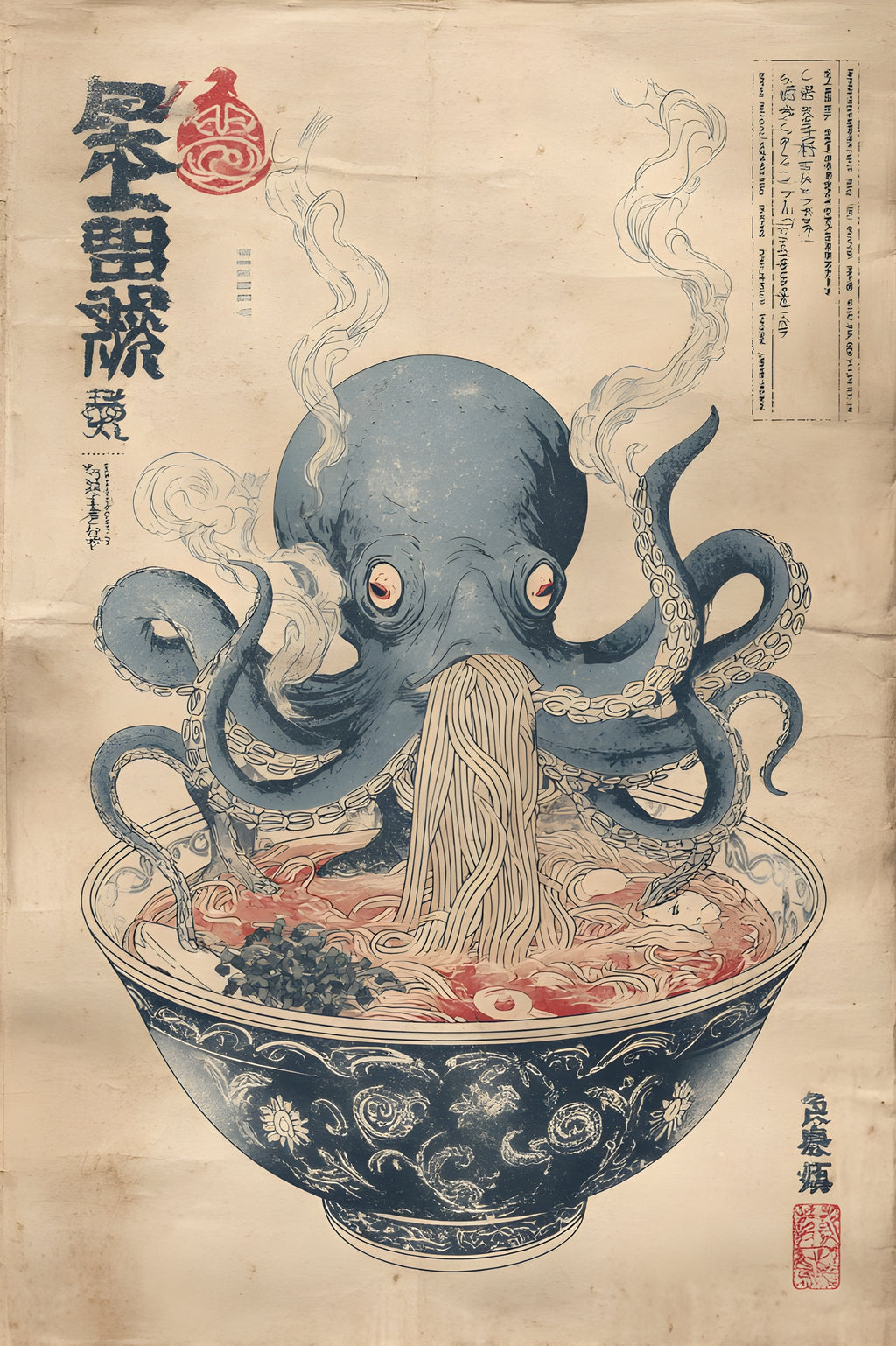 Octopus Ramen Poster, Japanese Food Wall Art, Kitchen Print