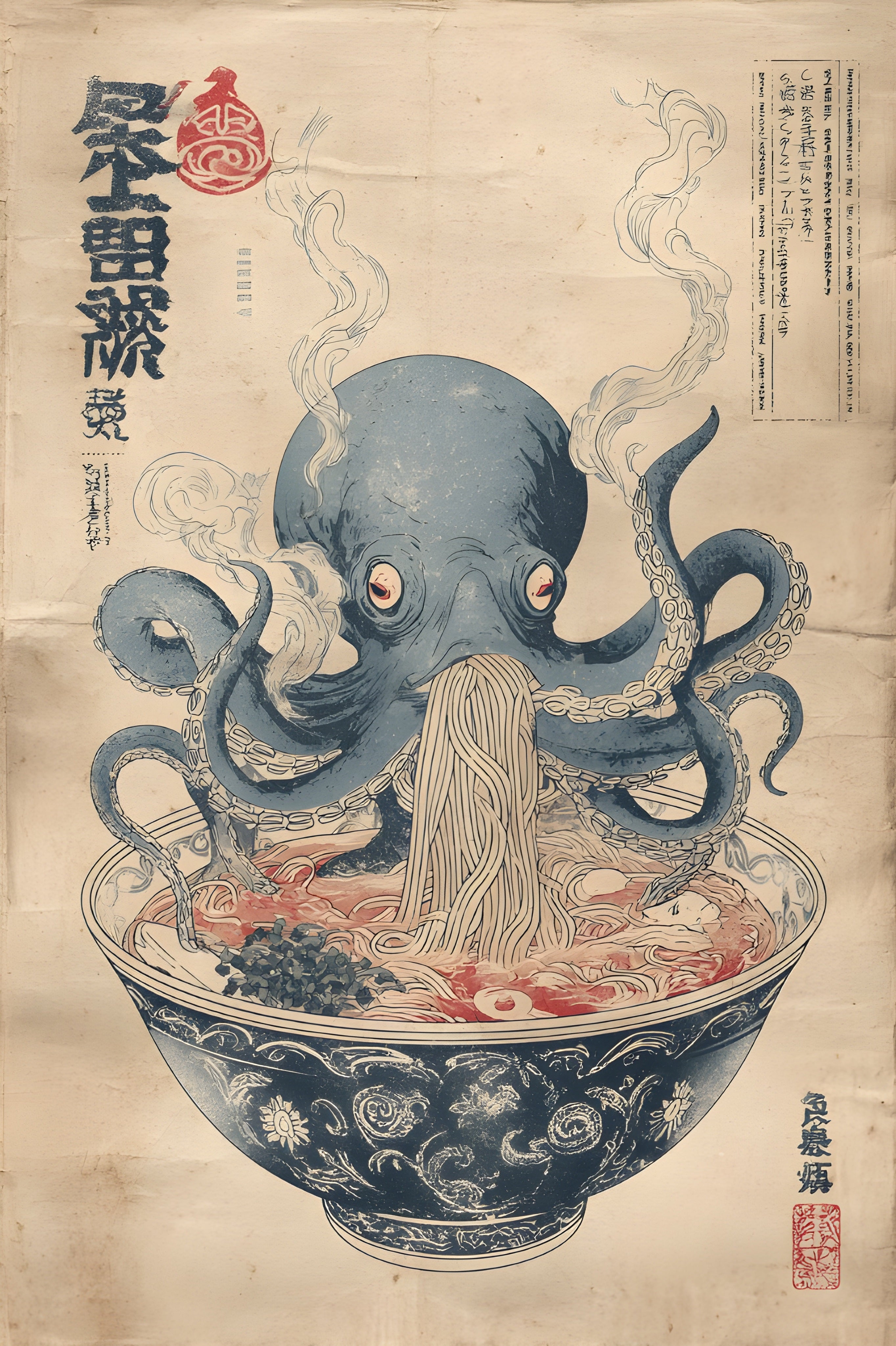 Octopus Ramen Poster, Japanese Food Wall Art, Kitchen Print