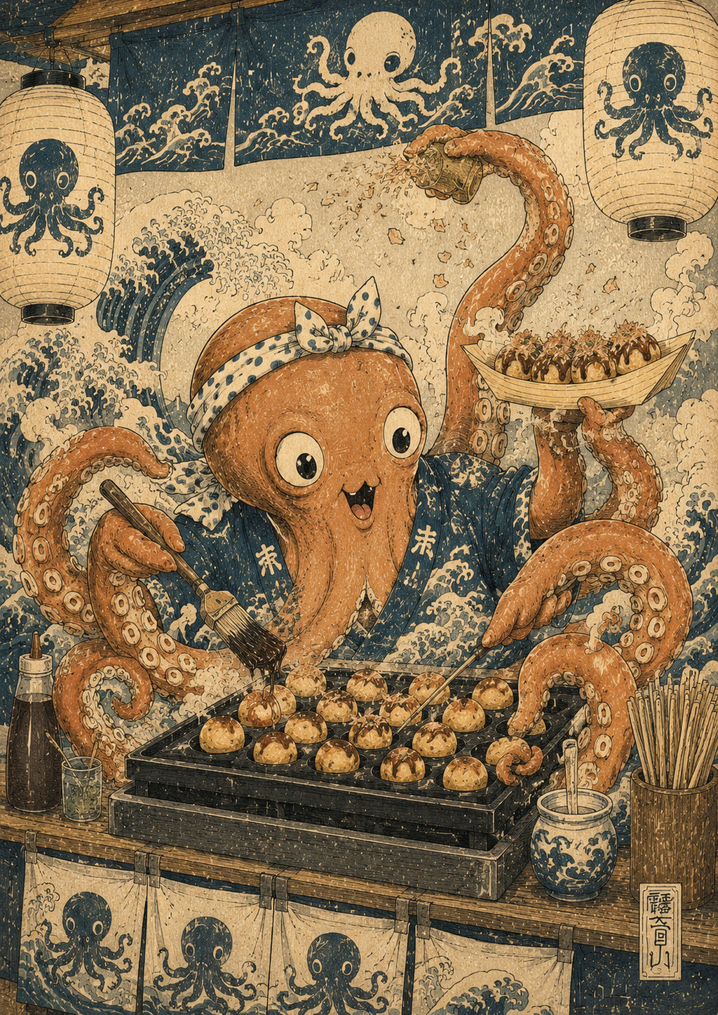Octopus Takoyaki Stall Japanese Retro Poster Print