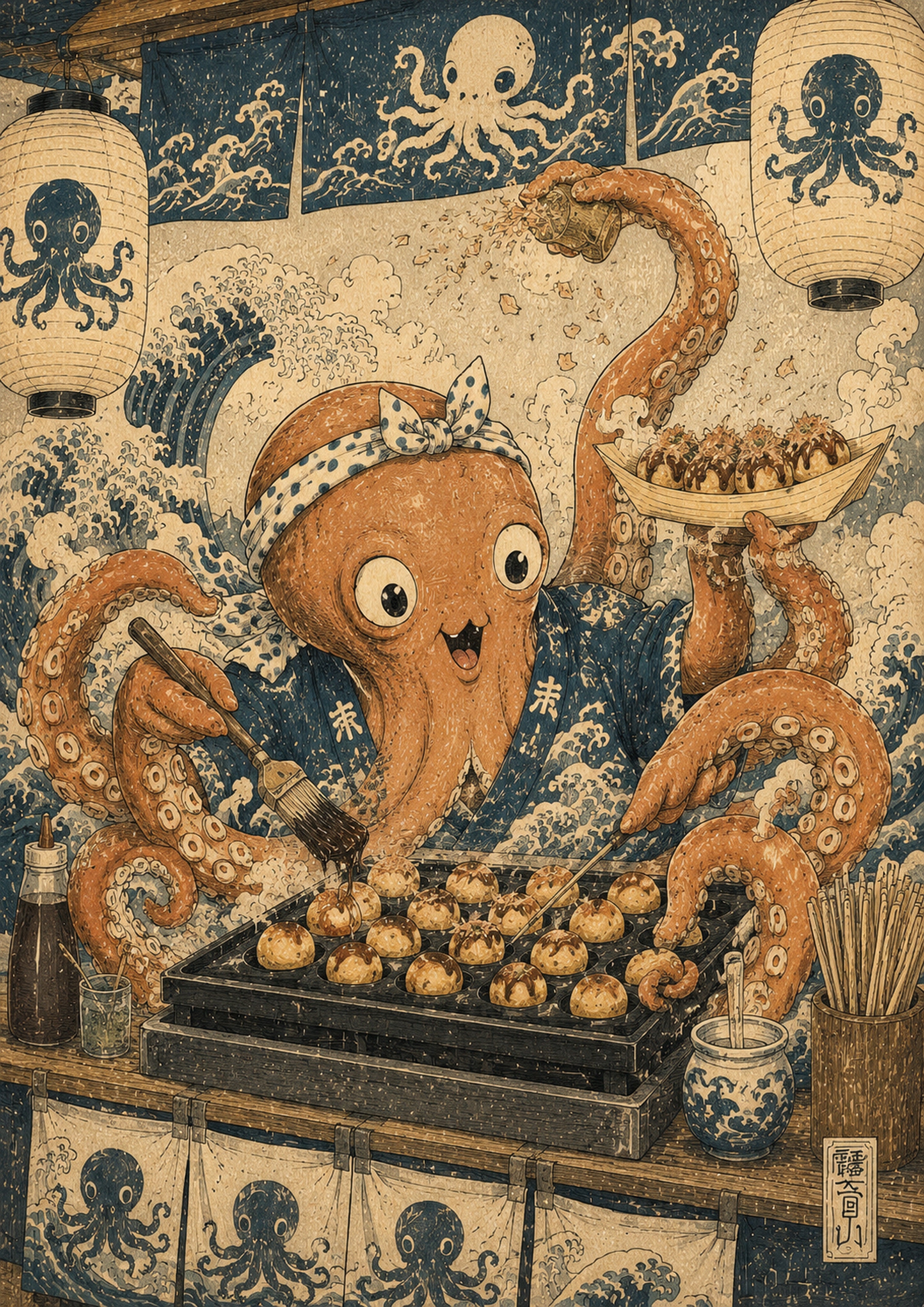 Octopus Takoyaki Stall Japanese Retro Poster Print
