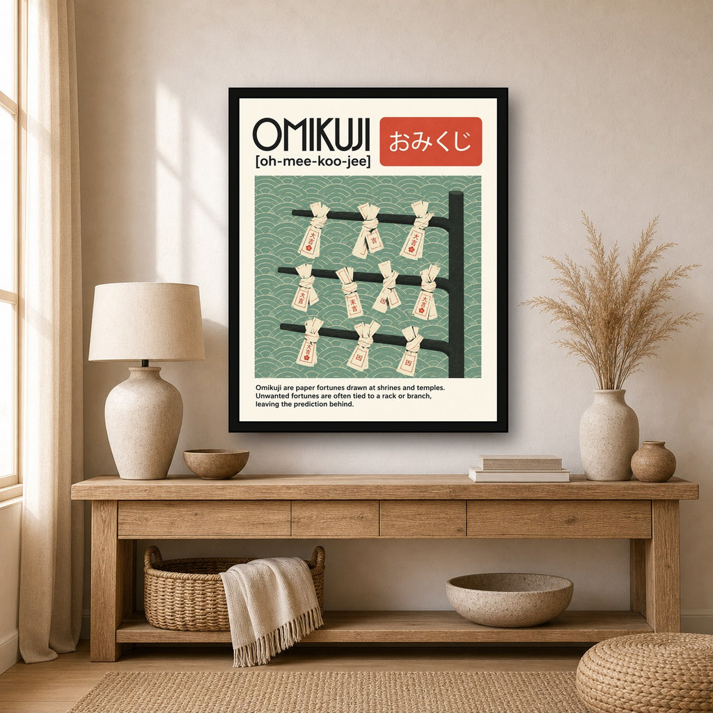 Omikuji Fortune Poster, Japanese Shrine Art, Serene Sage Green Wall Decor - 4x5 room mockup