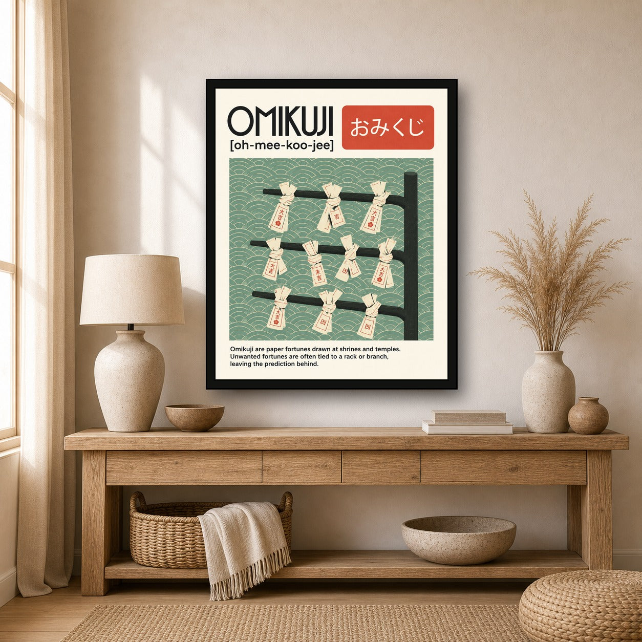 Omikuji Fortune Poster, Japanese Shrine Art, Serene Sage Green Wall Decor - 4x5 room mockup