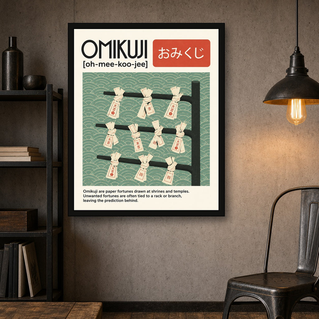 Omikuji Fortune Poster, Japanese Shrine Art, Serene Sage Green Wall Decor - 4x5 room mockup
