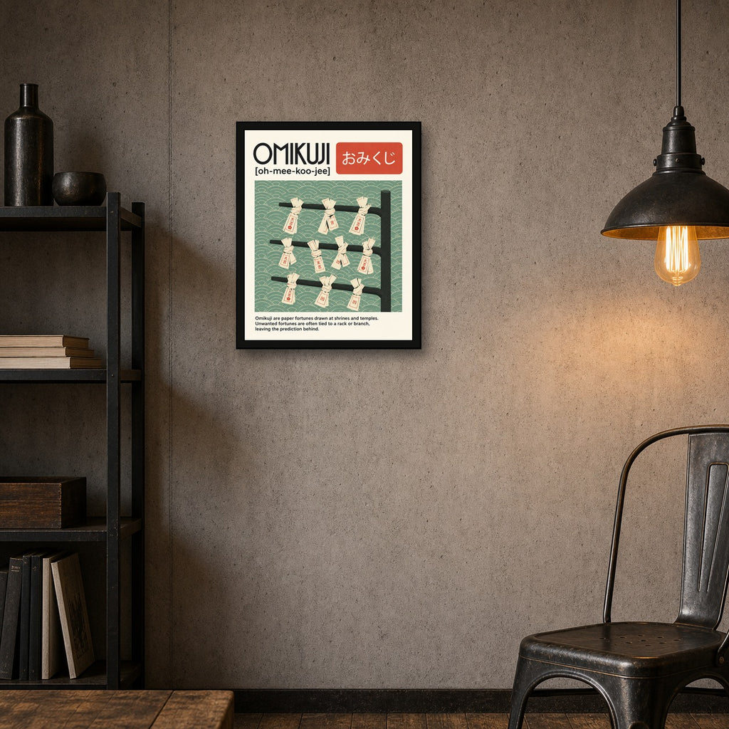 Omikuji Fortune Poster, Japanese Shrine Art, Serene Sage Green Wall Decor - 4x5 room mockup
