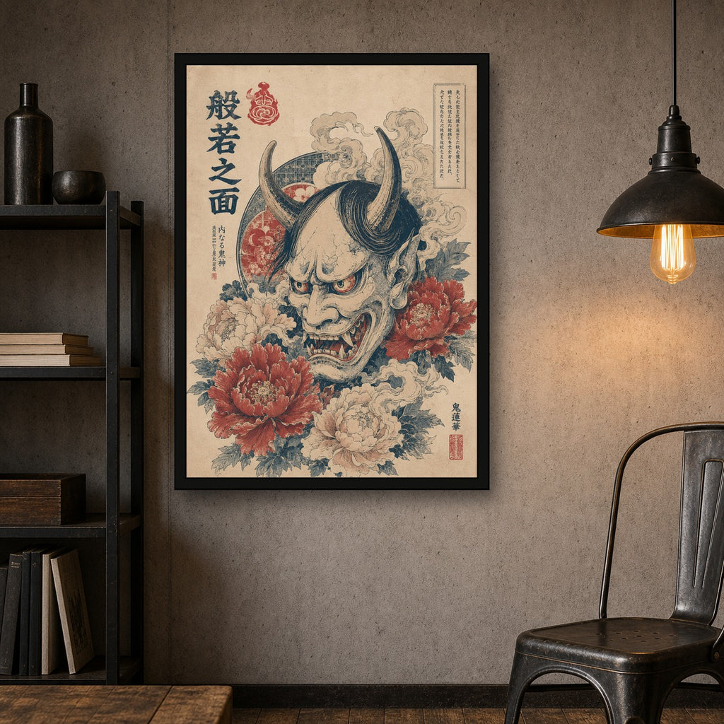 Oni Mask Peonies Japanese Retro Poster Print - A room mockup