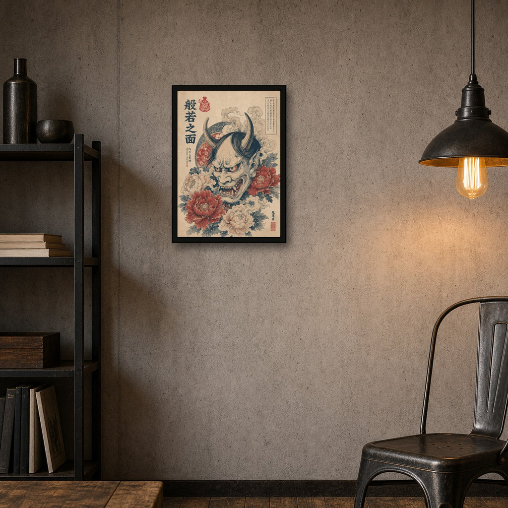 Oni Mask Peonies Japanese Retro Poster Print - A room mockup