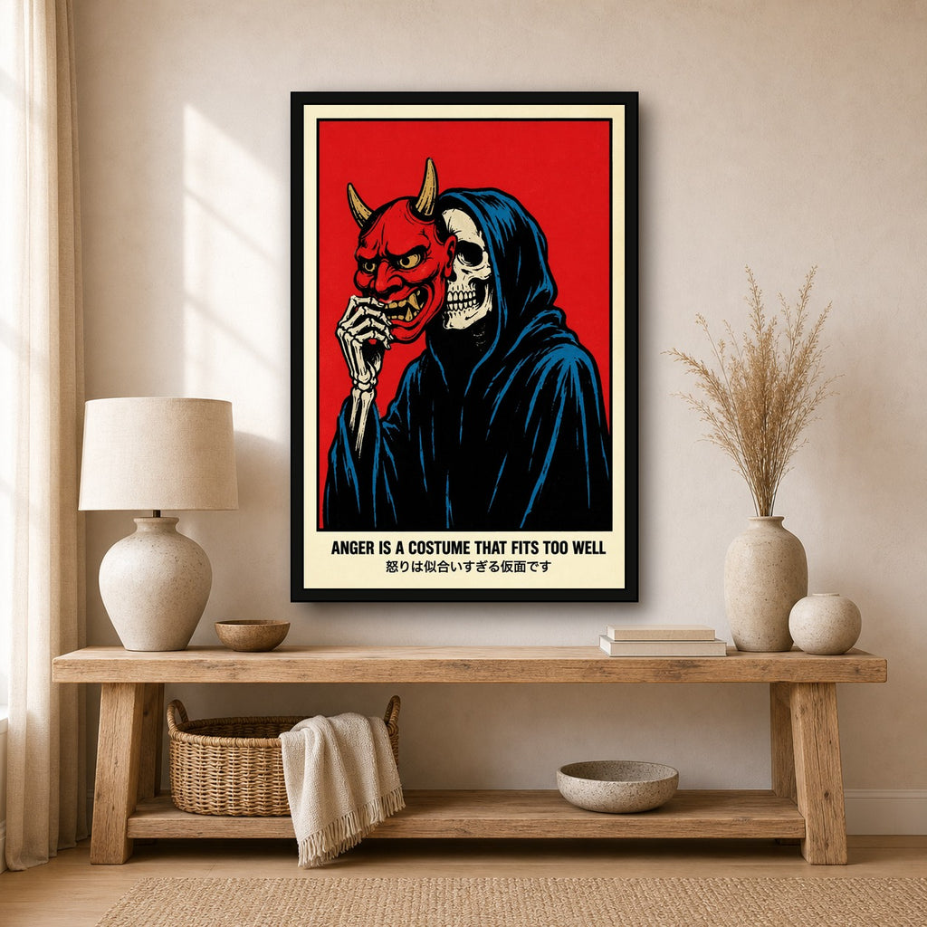 Oni Mask Skeleton Poster, Red & Black Japanese Wall Art, Dark Aesthetic Travel Print - 2x3 room mockup