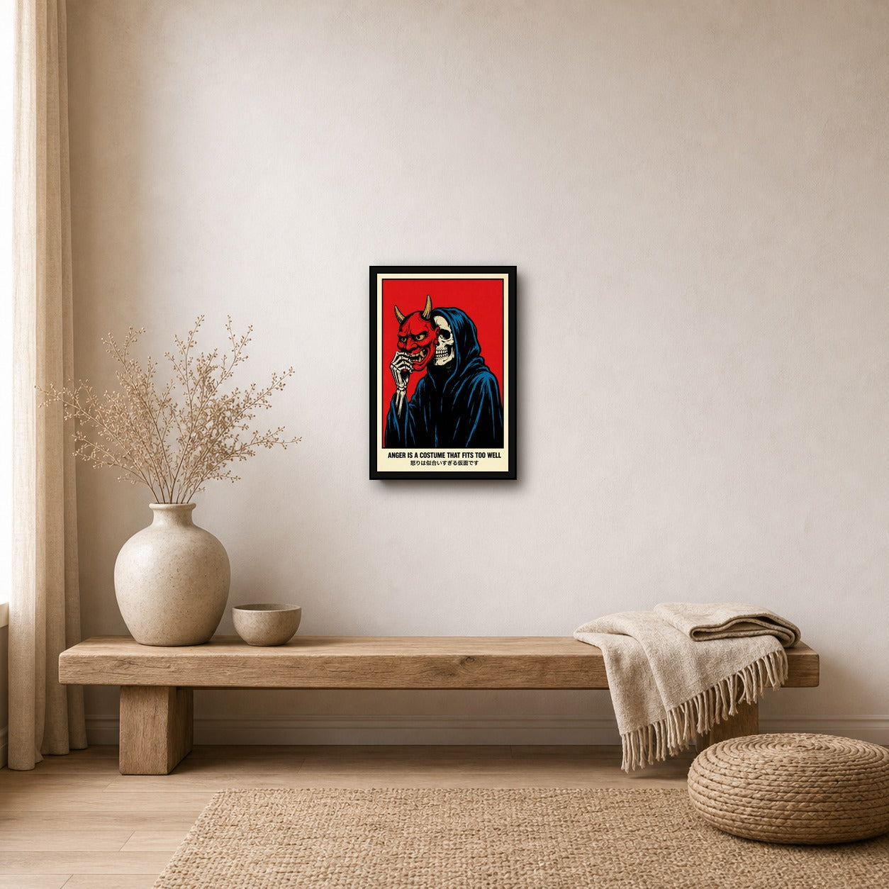 Oni Mask Skeleton Poster, Red & Black Japanese Wall Art, Dark Aesthetic Travel Print - 2x3 room mockup