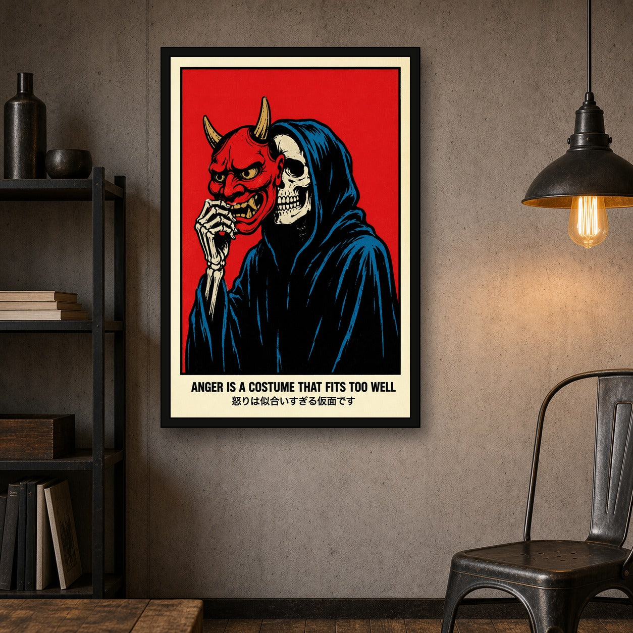 Oni Mask Skeleton Poster, Red & Black Japanese Wall Art, Dark Aesthetic Travel Print - 2x3 room mockup
