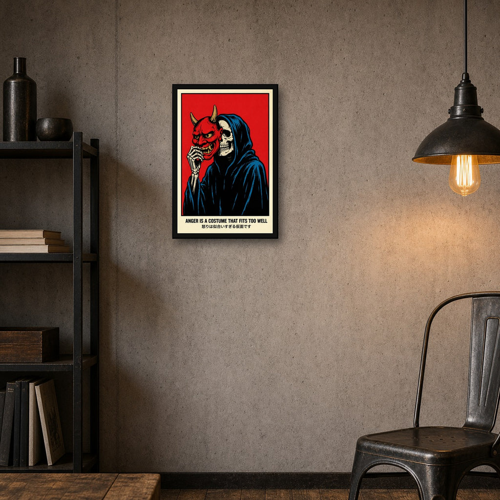 Oni Mask Skeleton Poster, Red & Black Japanese Wall Art, Dark Aesthetic Travel Print - 2x3 room mockup