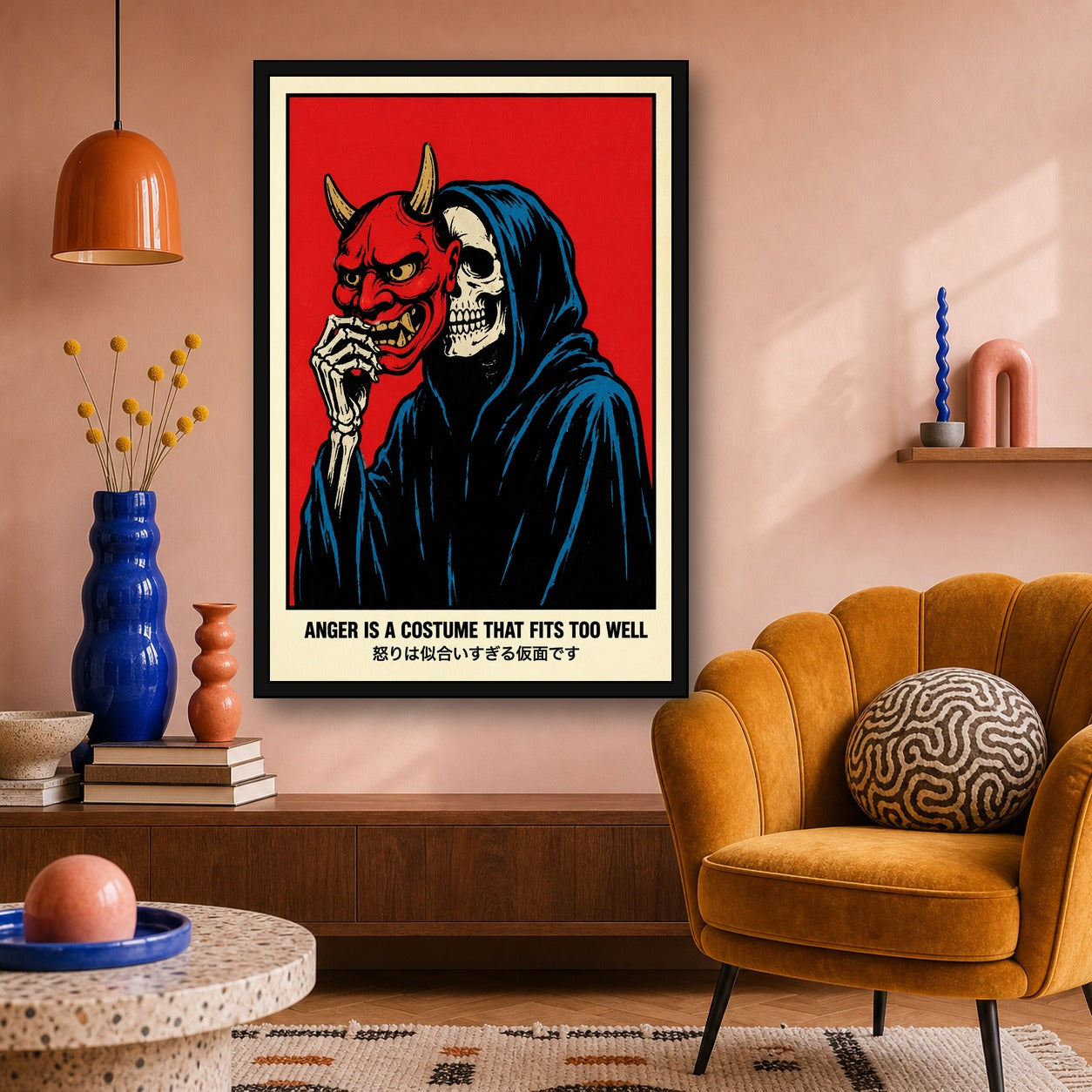Oni Mask Skeleton Poster, Red & Black Japanese Wall Art, Dark Aesthetic Travel Print - 2x3 room mockup