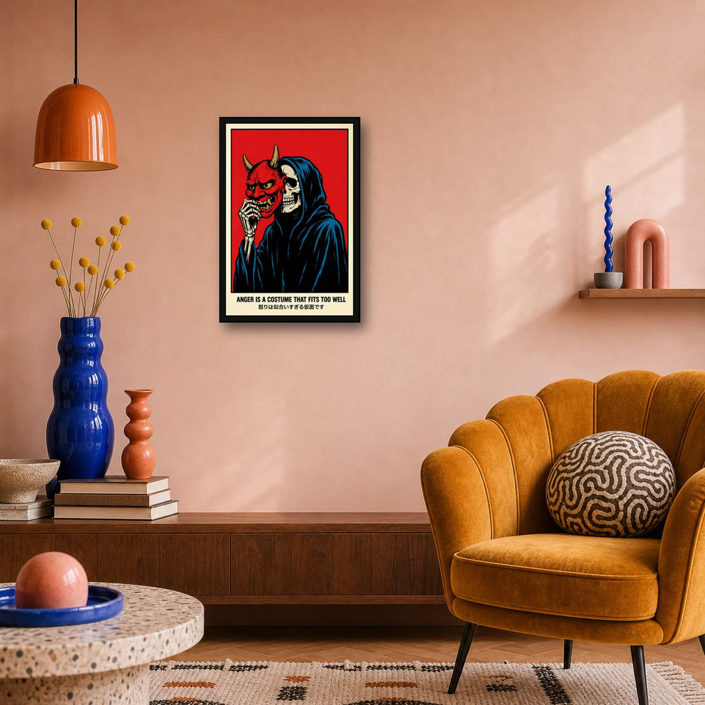 Oni Mask Skeleton Poster, Red & Black Japanese Wall Art, Dark Aesthetic Travel Print - 2x3 room mockup