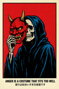 Oni Mask Skeleton Poster, Red & Black Japanese Wall Art, Dark Aesthetic Travel Print