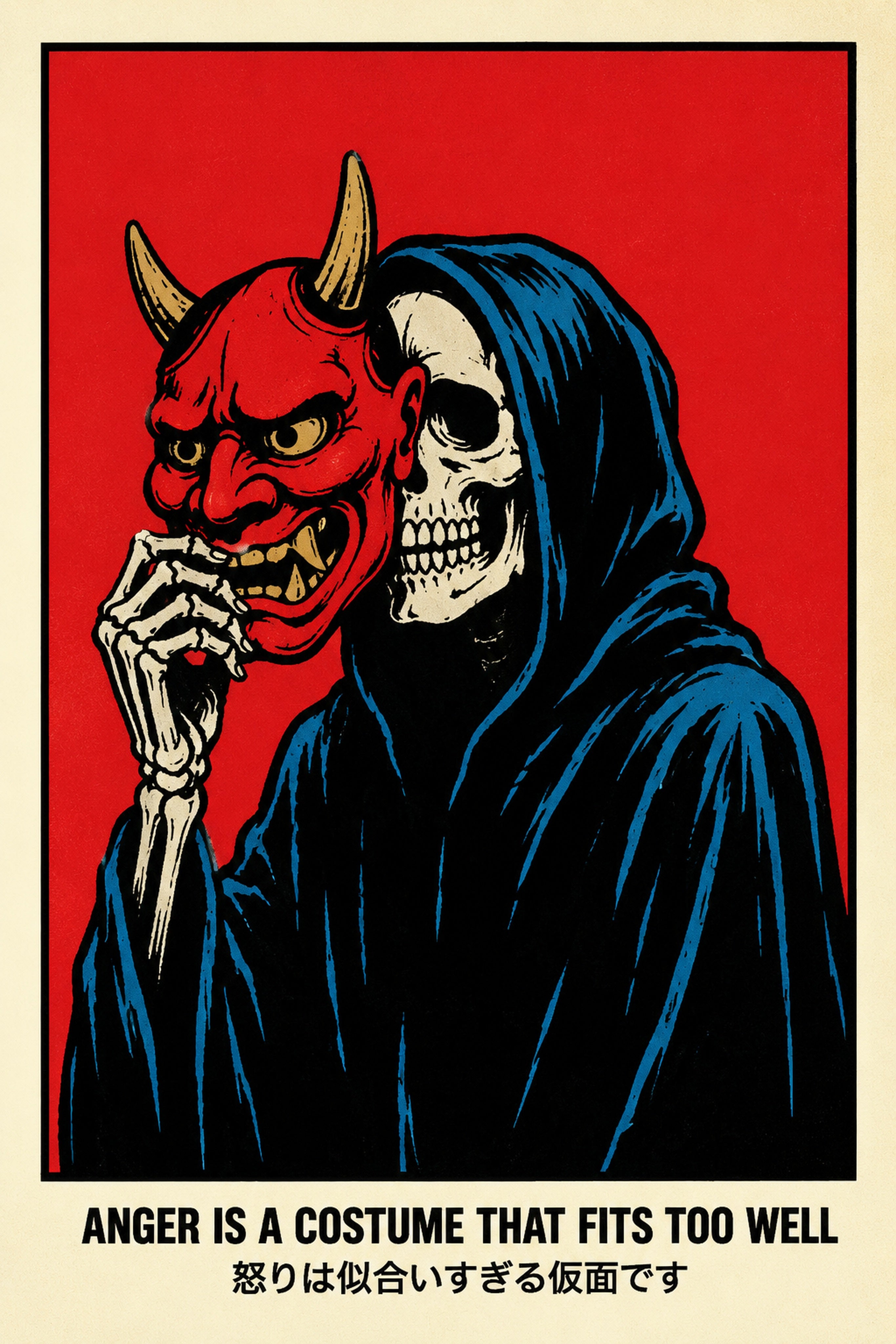 Oni Mask Skeleton Poster, Red & Black Japanese Wall Art, Dark Aesthetic Travel Print