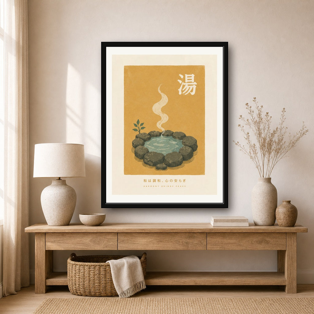 Onsen Hot Spring Poster, Japanese Bathhouse Wall Art, Zen Harmony Print - corrected 3x4 room mockup