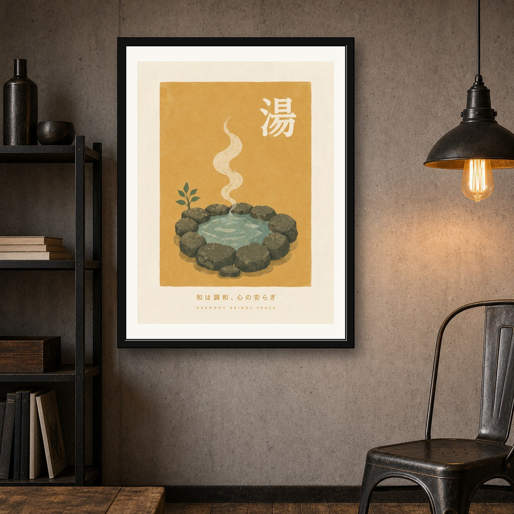 Onsen Hot Spring Poster, Japanese Bathhouse Wall Art, Zen Harmony Print - corrected 3x4 room mockup