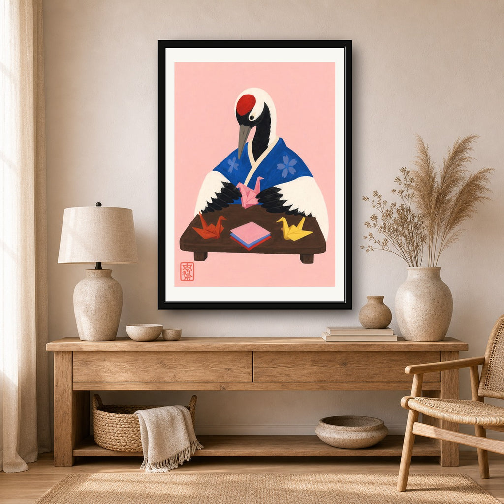 Origami Crane Master Poster, Japanese Folk Art, Serene Pink Wall Decor, Travel Print - corrected A room mockup