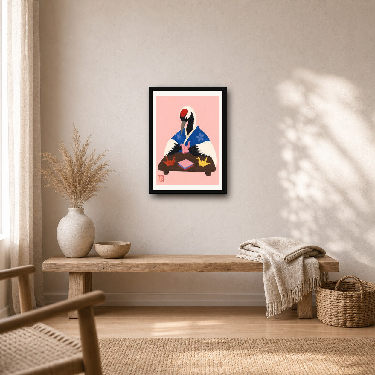 Origami Crane Master Poster, Japanese Folk Art, Serene Pink Wall Decor, Travel Print - corrected A room mockup
