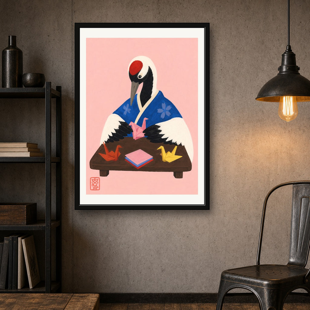 Origami Crane Master Poster, Japanese Folk Art, Serene Pink Wall Decor, Travel Print - corrected A room mockup