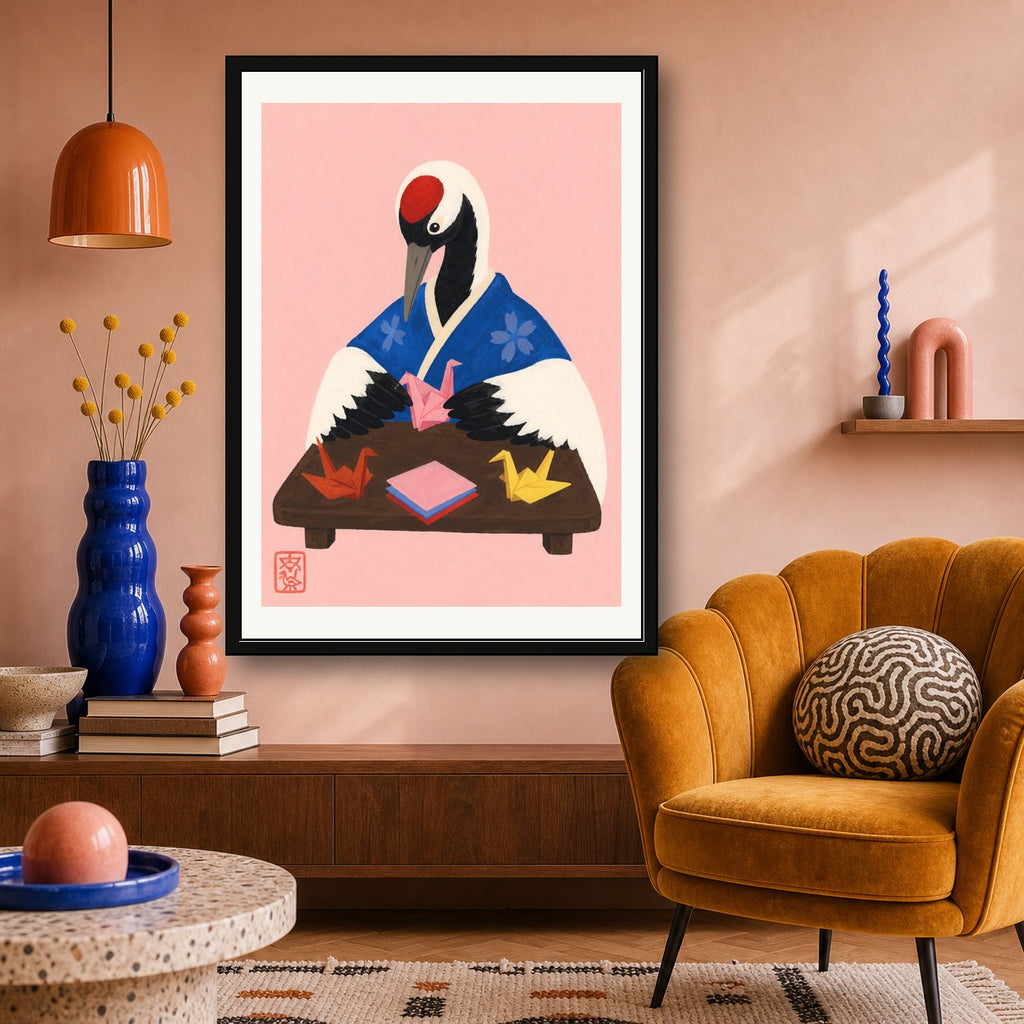 Origami Crane Master Poster, Japanese Folk Art, Serene Pink Wall Decor, Travel Print - corrected A room mockup