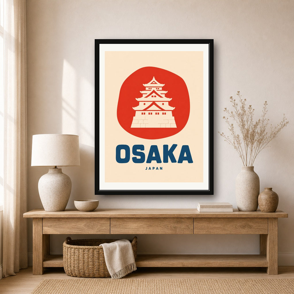 Osaka Castle Travel Poster, Japan Art Print, Japanese Wall Decor in Iconic Red & Blue - corrected 3x4 room mockup