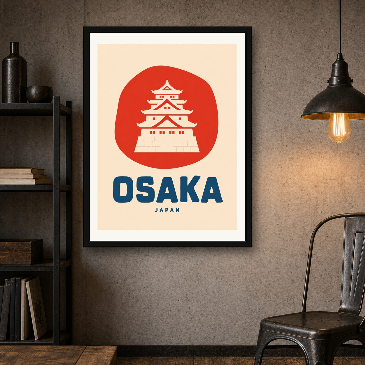 Osaka Castle Travel Poster, Japan Art Print, Japanese Wall Decor in Iconic Red & Blue - corrected 3x4 room mockup