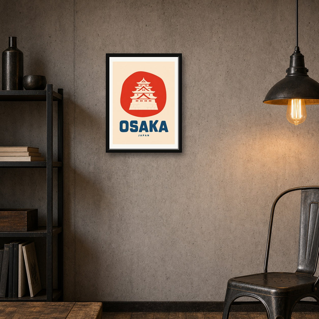 Osaka Castle Travel Poster, Japan Art Print, Japanese Wall Decor in Iconic Red & Blue - corrected 3x4 room mockup