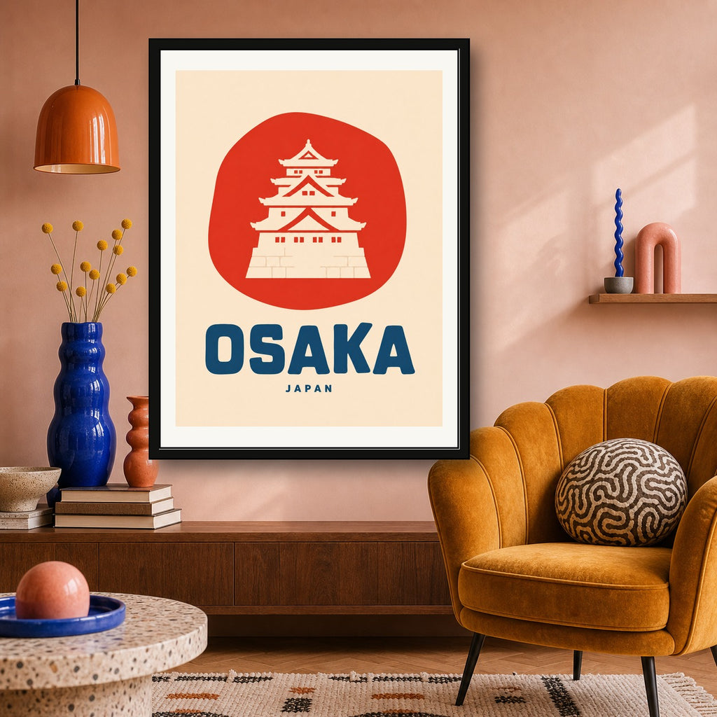 Osaka Castle Travel Poster, Japan Art Print, Japanese Wall Decor in Iconic Red & Blue - corrected 3x4 room mockup