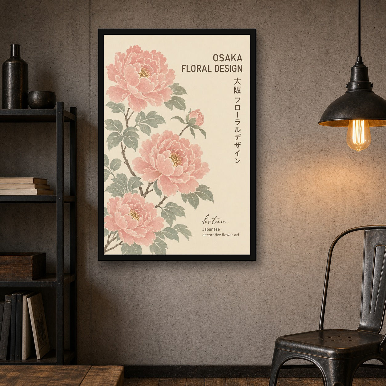 Osaka Peony Floral Art Print, Japanese Botan Style Wall Decor, Traditional Pink & Sage Poster in Your Choice of Six Sizes - 2x3 room mockup