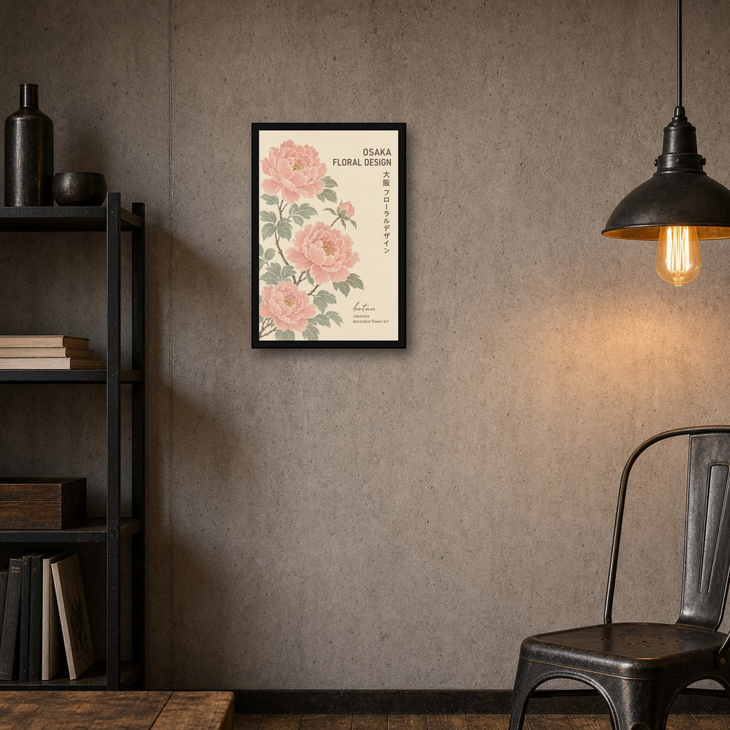 Osaka Peony Floral Art Print, Japanese Botan Style Wall Decor, Traditional Pink & Sage Poster in Your Choice of Six Sizes - 2x3 room mockup