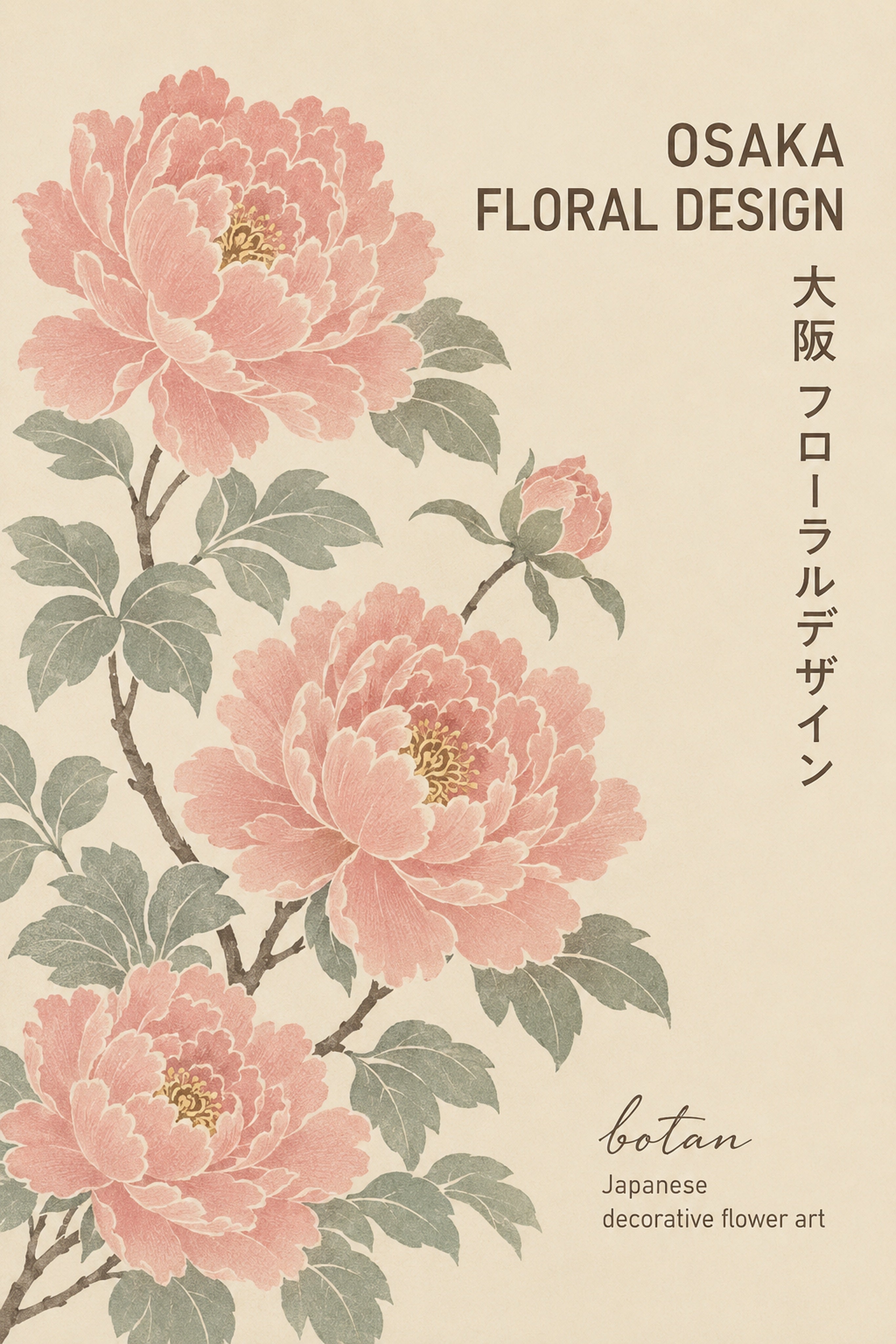 Osaka Peony Floral Art Print, Japanese Botan Style Wall Decor, Traditional Pink & Sage Poster in Your Choice of Six Sizes
