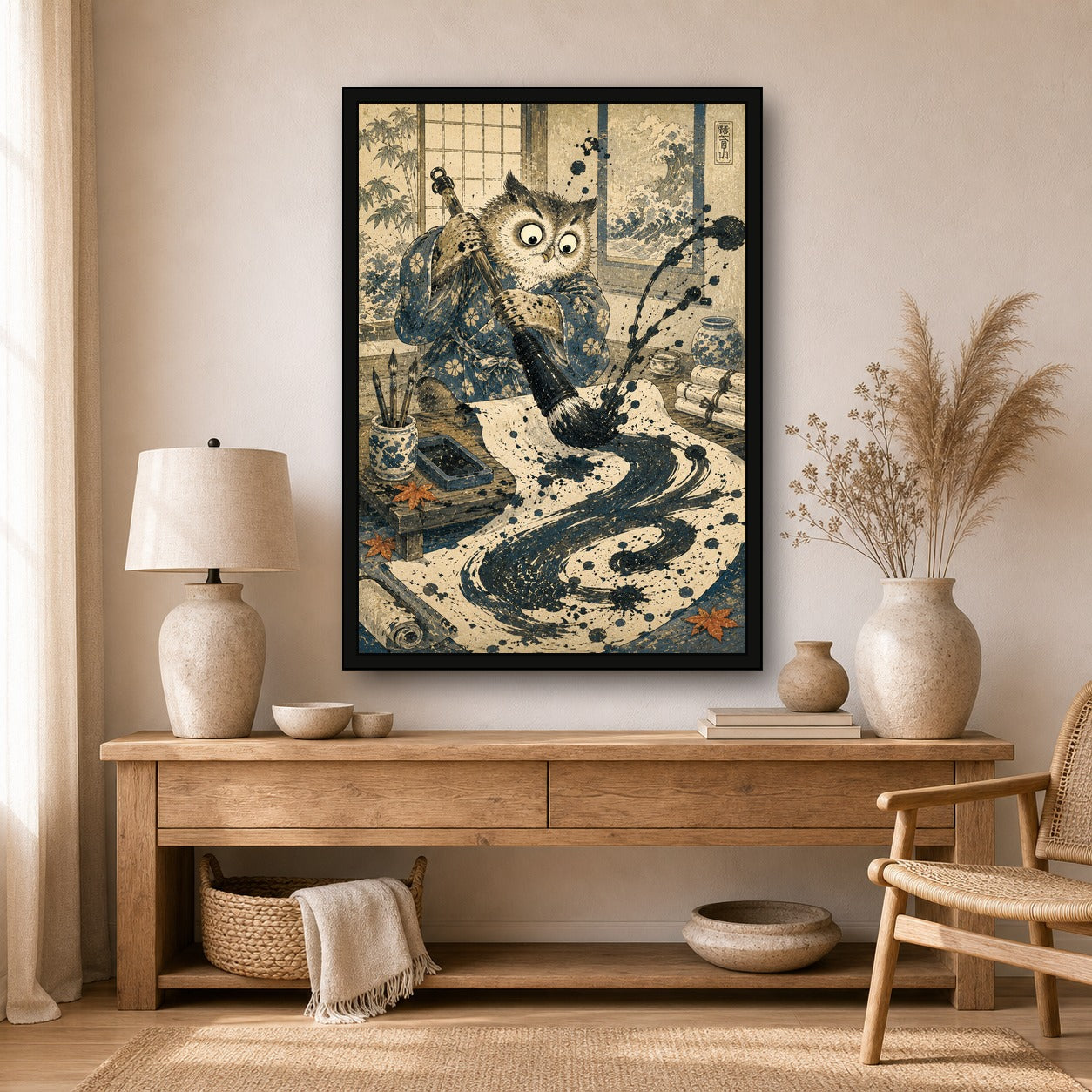 Owl Calligraphy Japanese Retro Poster Print - A room mockup