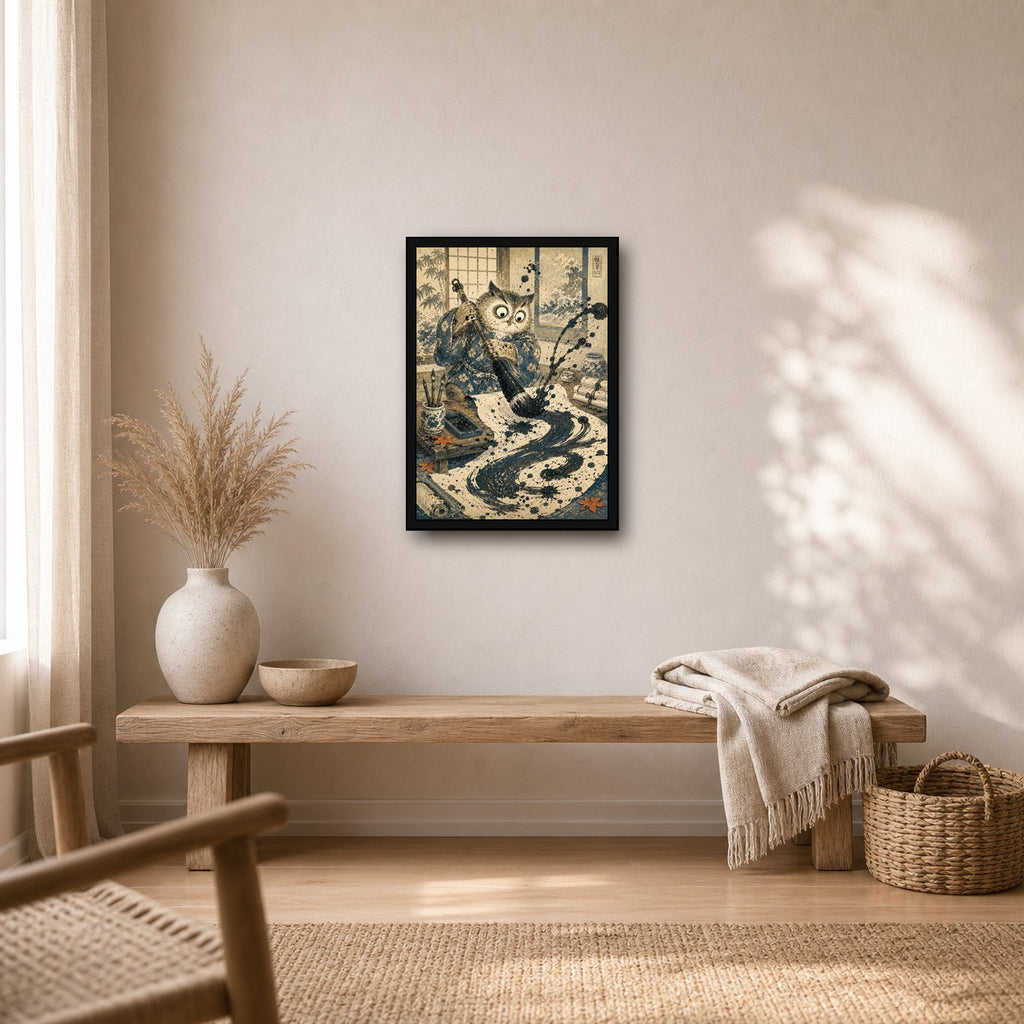 Owl Calligraphy Japanese Retro Poster Print - A room mockup