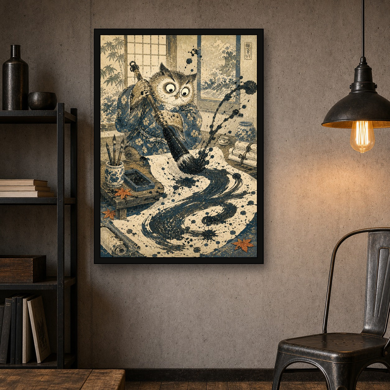Owl Calligraphy Japanese Retro Poster Print - A room mockup