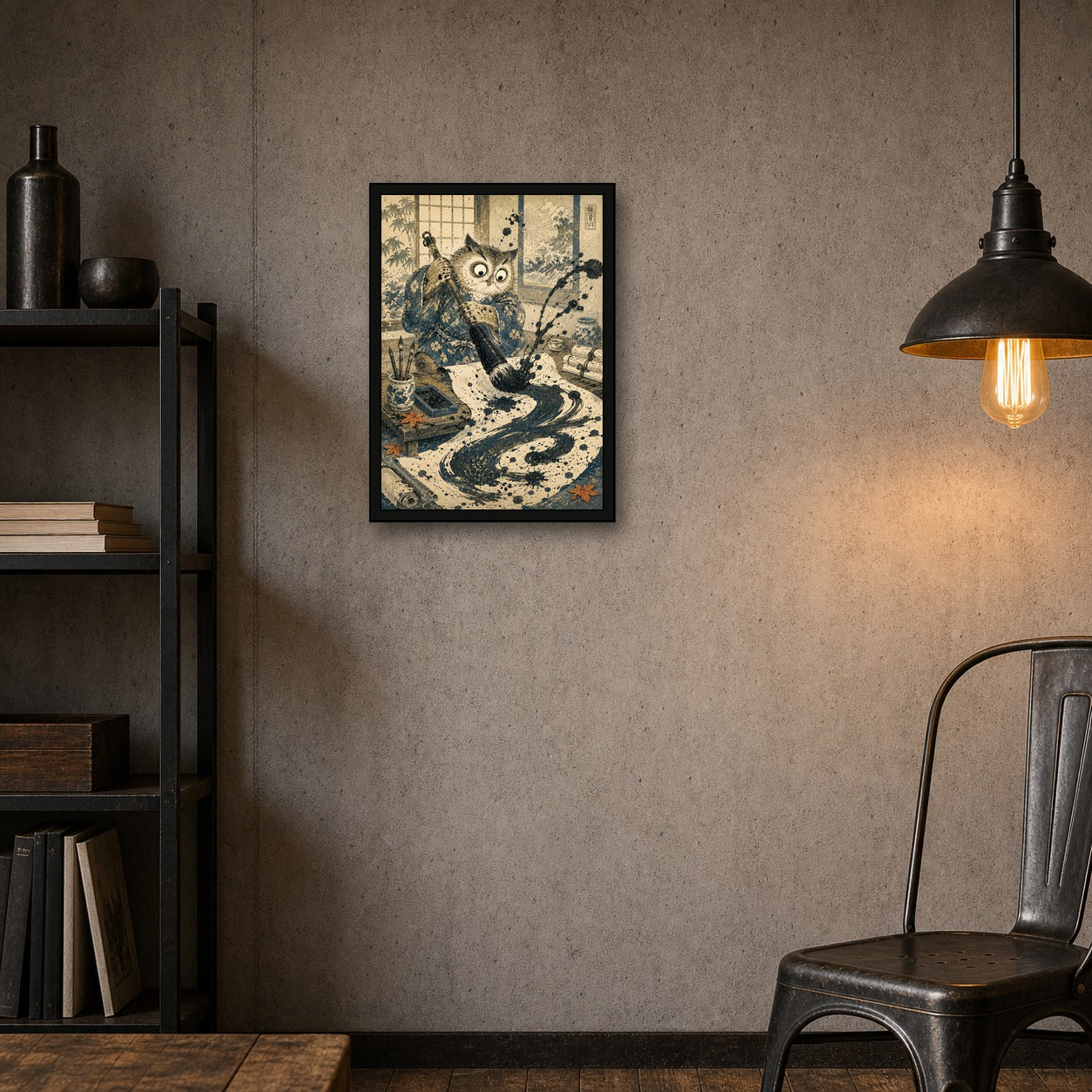 Owl Calligraphy Japanese Retro Poster Print - A room mockup