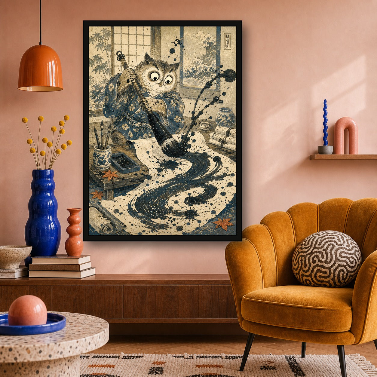 Owl Calligraphy Japanese Retro Poster Print - A room mockup