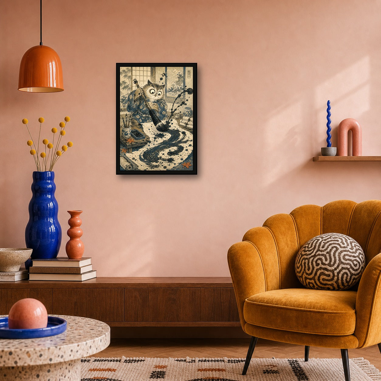 Owl Calligraphy Japanese Retro Poster Print - A room mockup