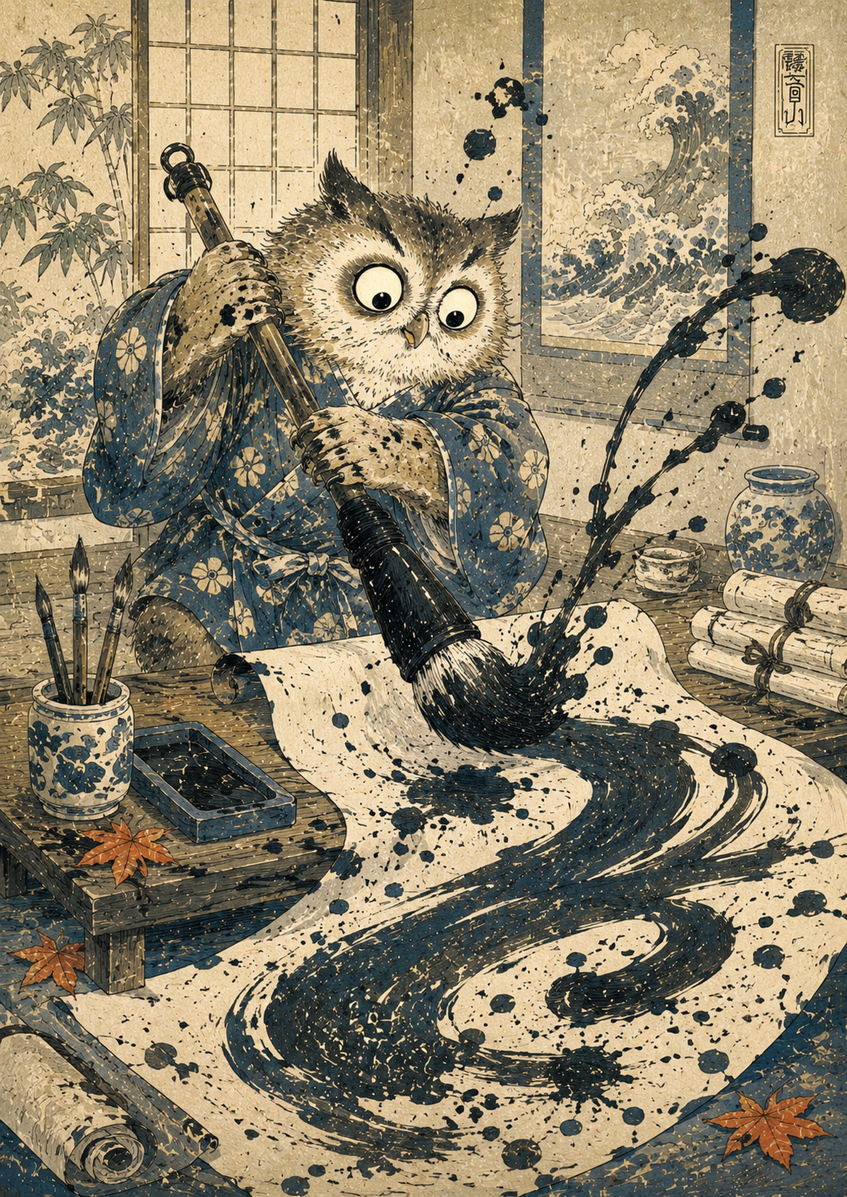Owl Calligraphy Japanese Retro Poster Print
