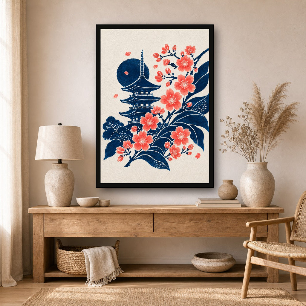 Pagoda Sakura Moon Japanese Retro Poster Print - A room mockup