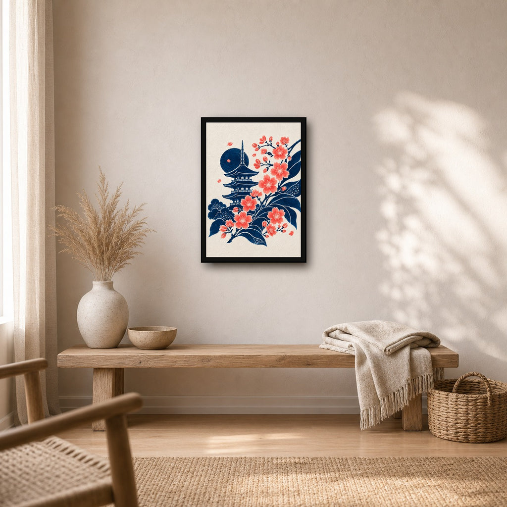 Pagoda Sakura Moon Japanese Retro Poster Print - A room mockup