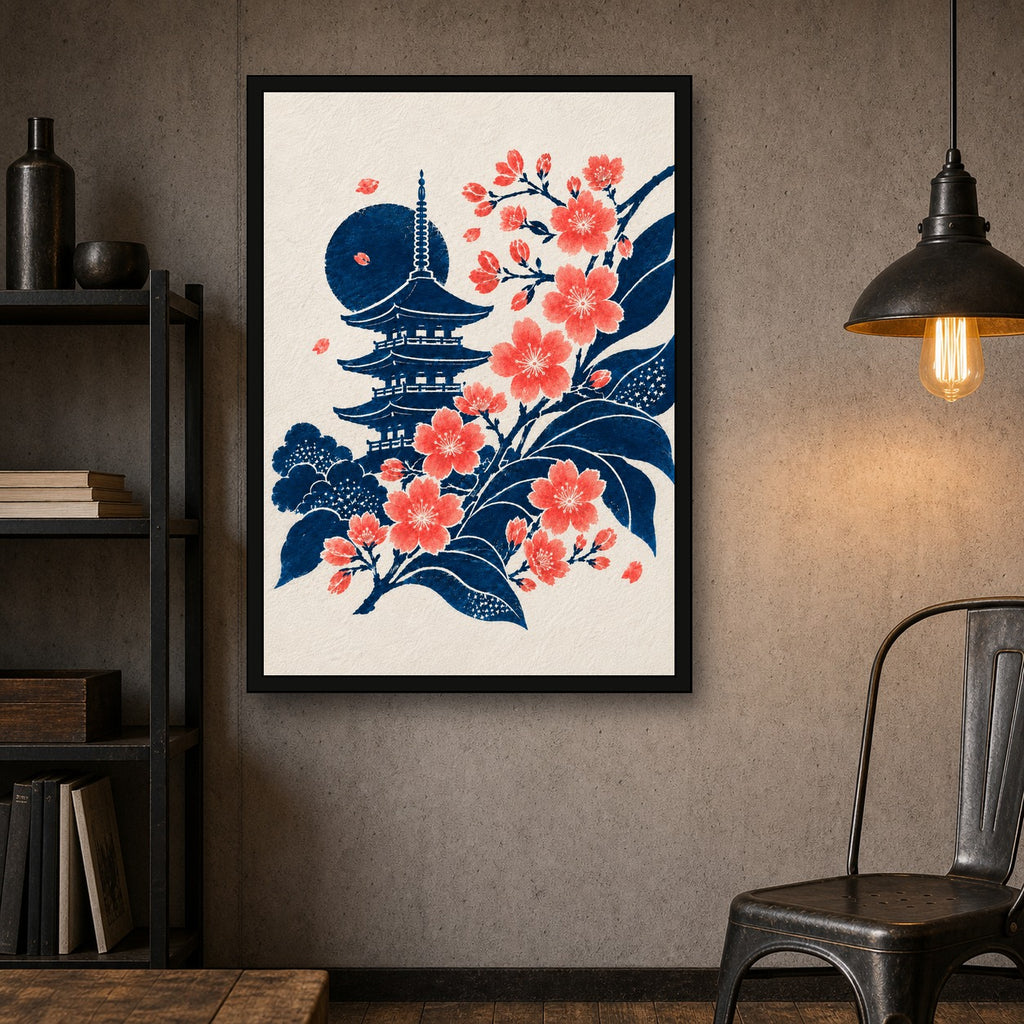 Pagoda Sakura Moon Japanese Retro Poster Print - A room mockup