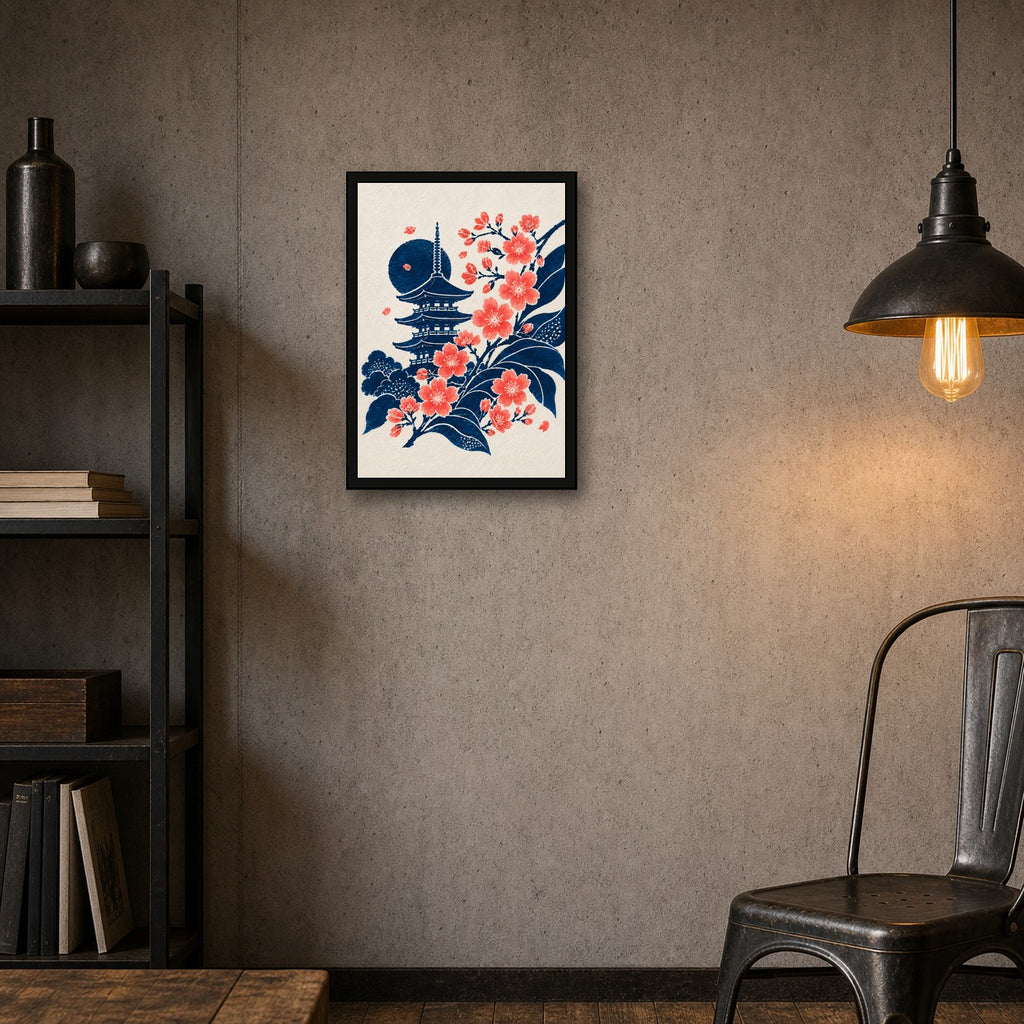 Pagoda Sakura Moon Japanese Retro Poster Print - A room mockup