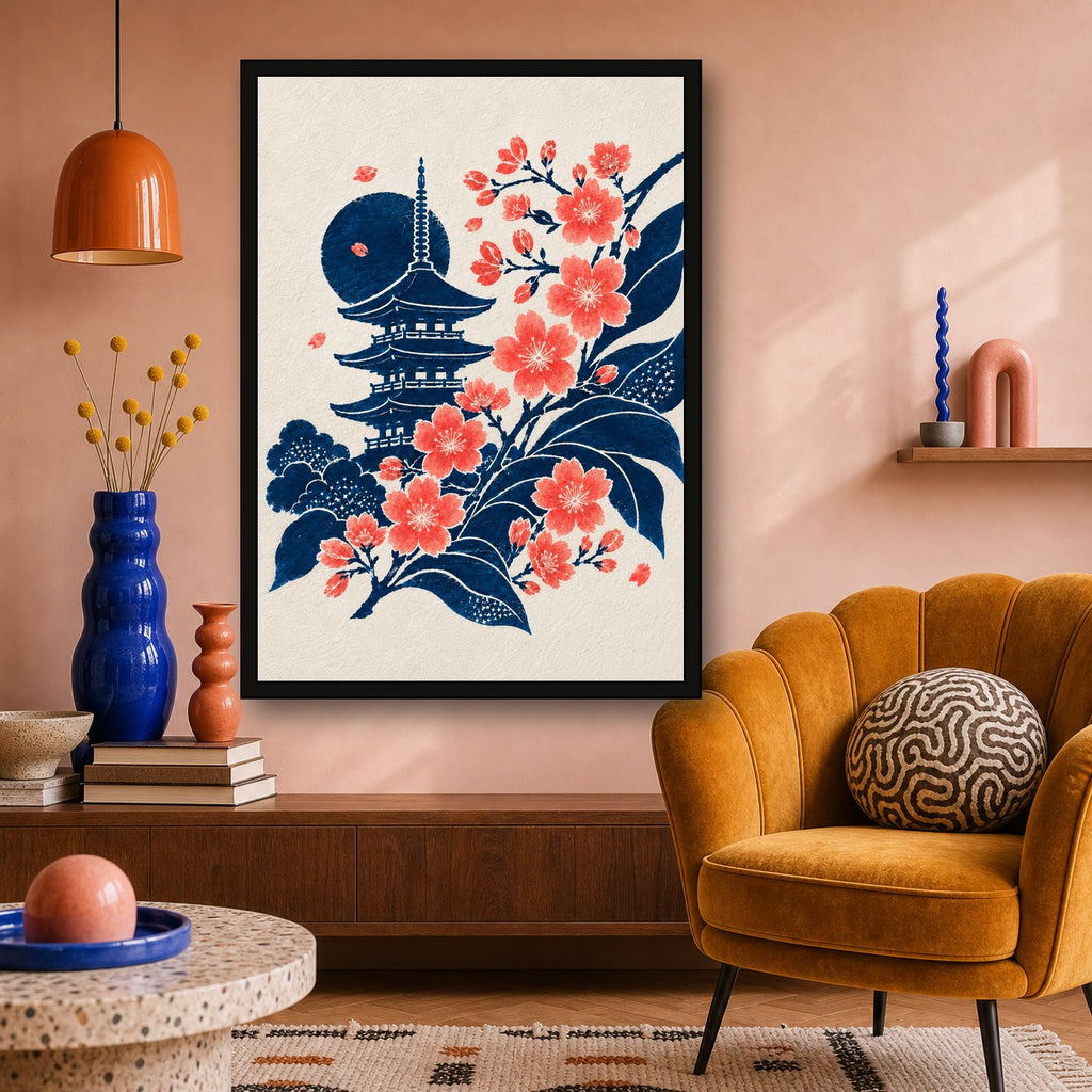Pagoda Sakura Moon Japanese Retro Poster Print - A room mockup