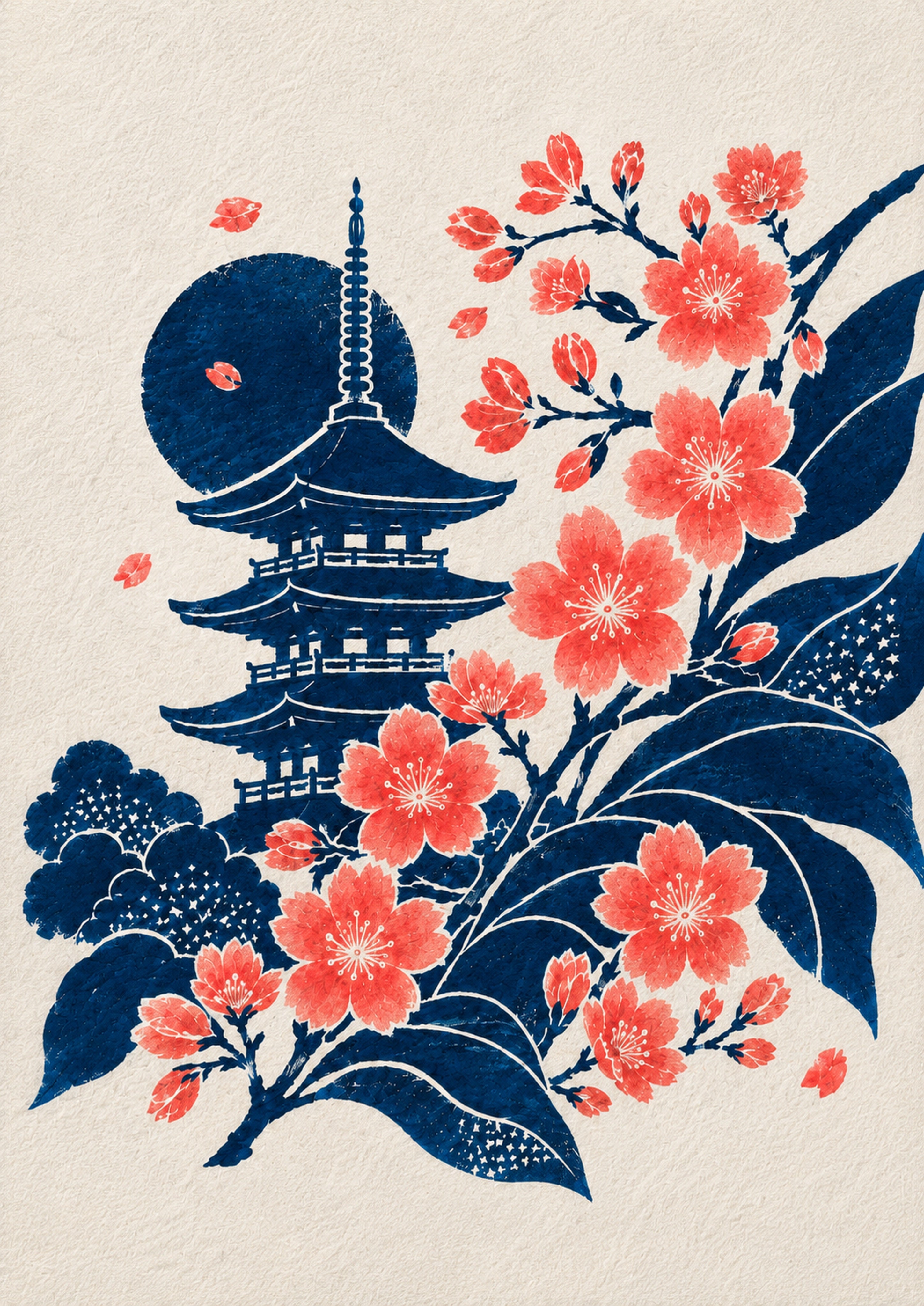 Pagoda Sakura Moon Japanese Retro Poster Print