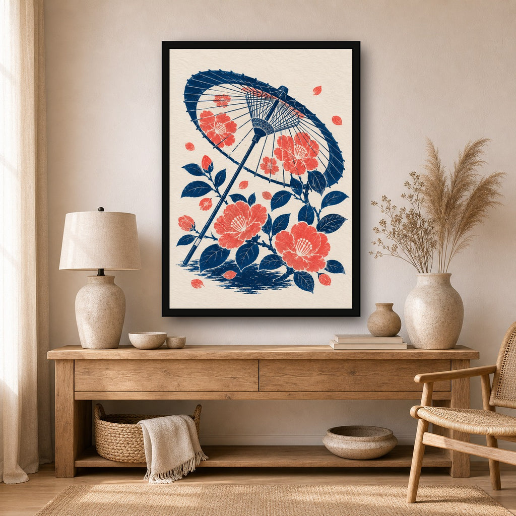 Parasol Peonies Japanese Retro Poster Print - A room mockup